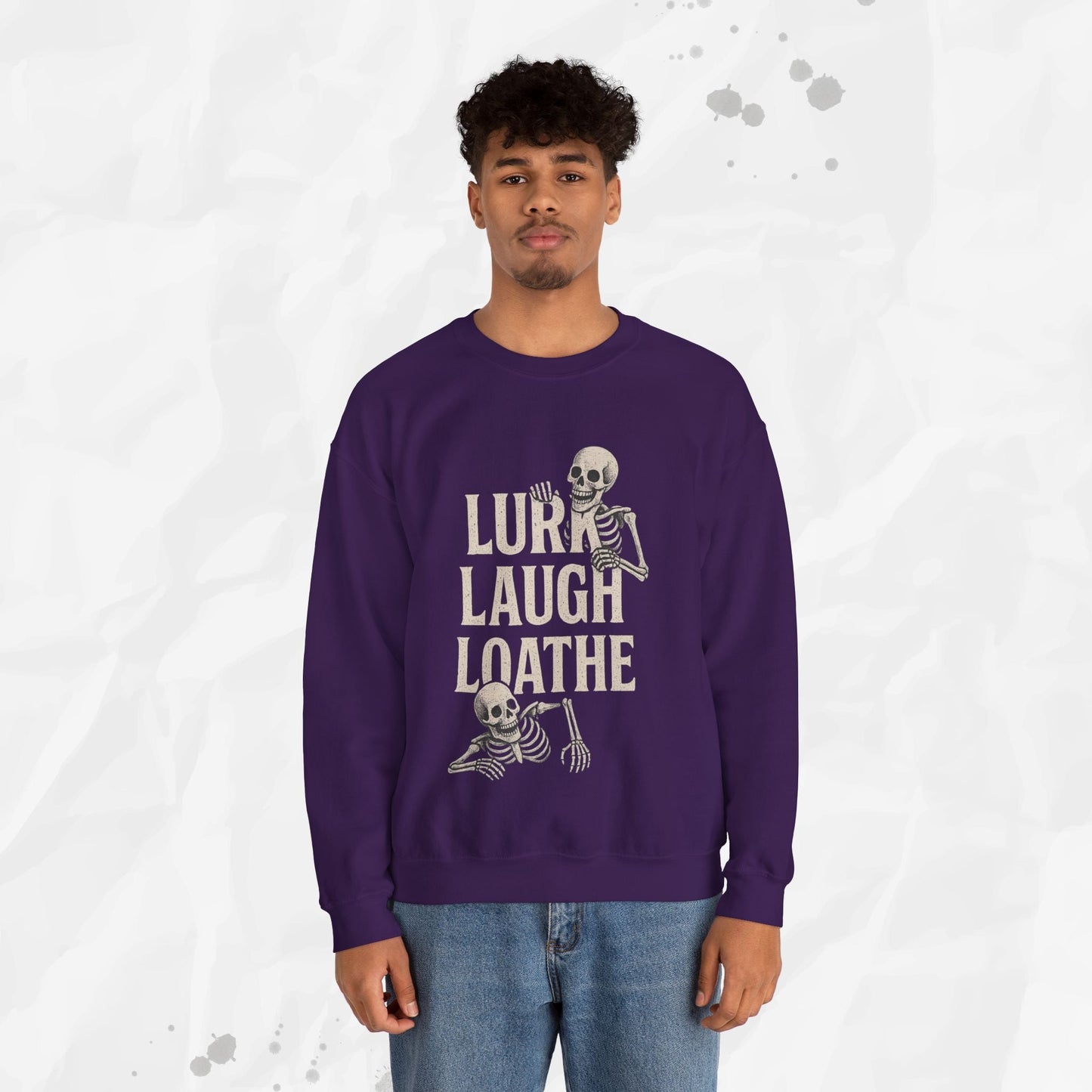 Sarcastic Graphic Crewneck Sweatshirt – “Lurk Laugh Loathe” Minimalist Top
