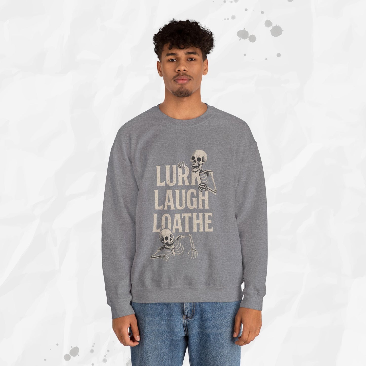 Sarcastic Graphic Crewneck Sweatshirt – “Lurk Laugh Loathe” Minimalist Top