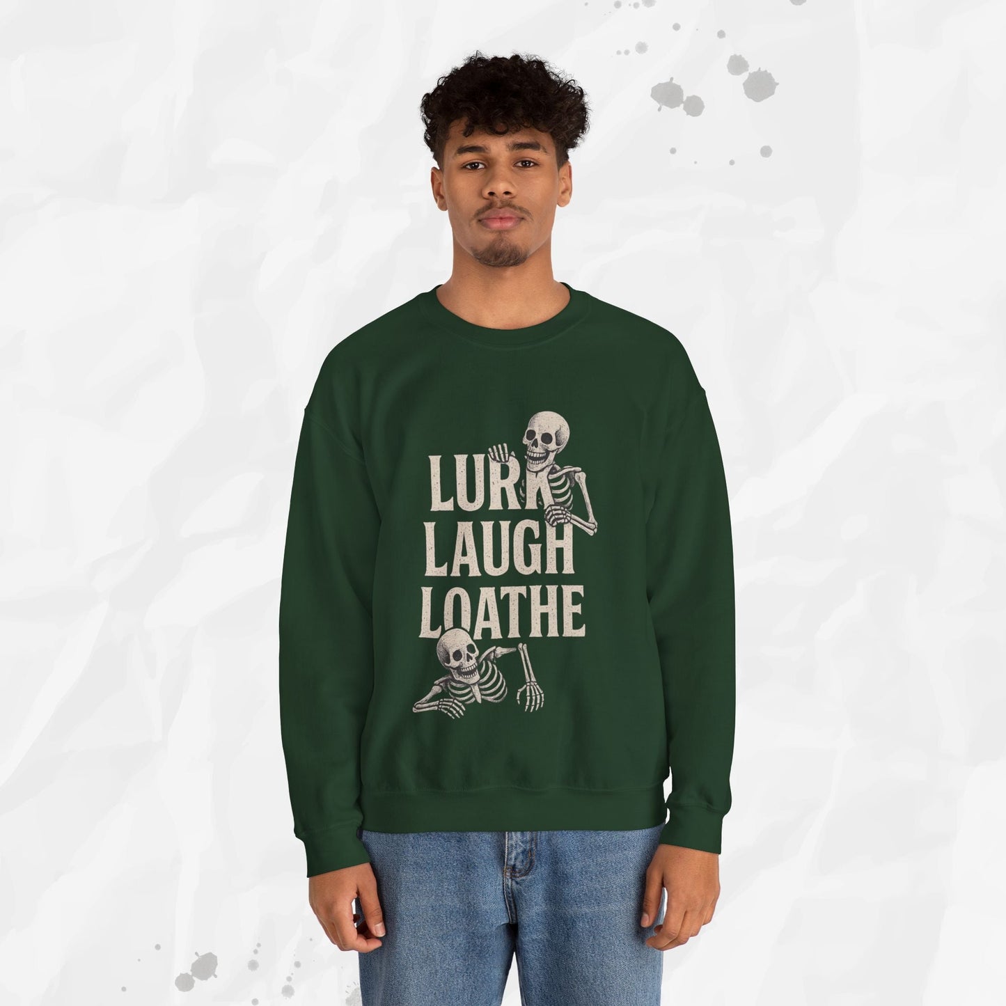 Sarcastic Graphic Crewneck Sweatshirt – “Lurk Laugh Loathe” Minimalist Top