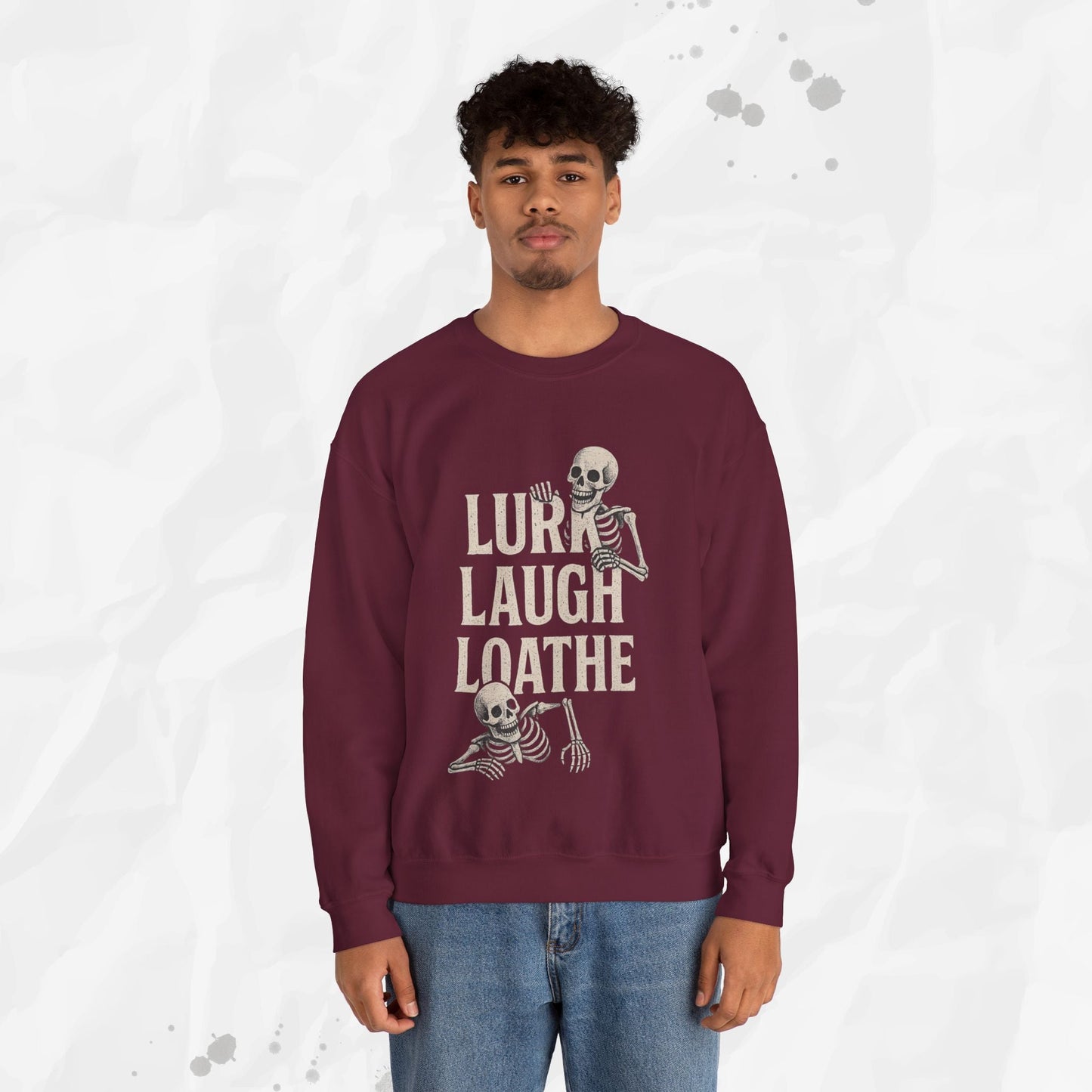 Sarcastic Graphic Crewneck Sweatshirt – “Lurk Laugh Loathe” Minimalist Top