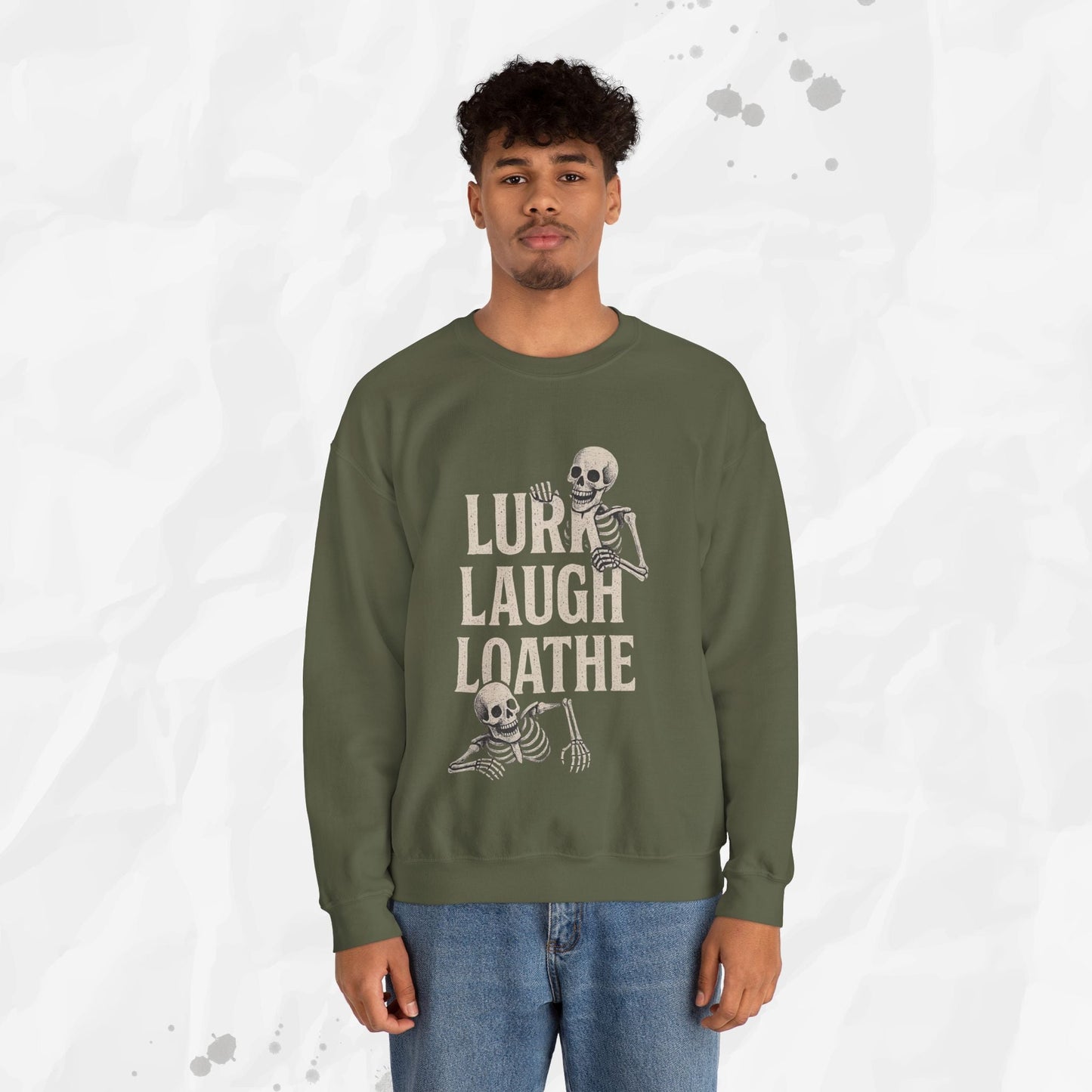 Sarcastic Graphic Crewneck Sweatshirt – “Lurk Laugh Loathe” Minimalist Top