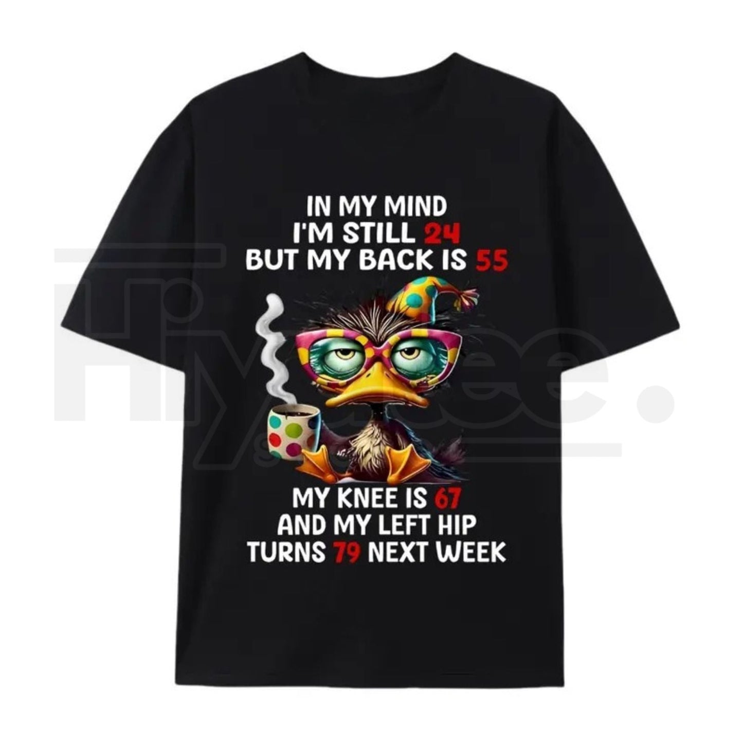 Funny Aging Humor Graphic Tee – “In My Mind I’m Still 24” Duck Back Pain Top