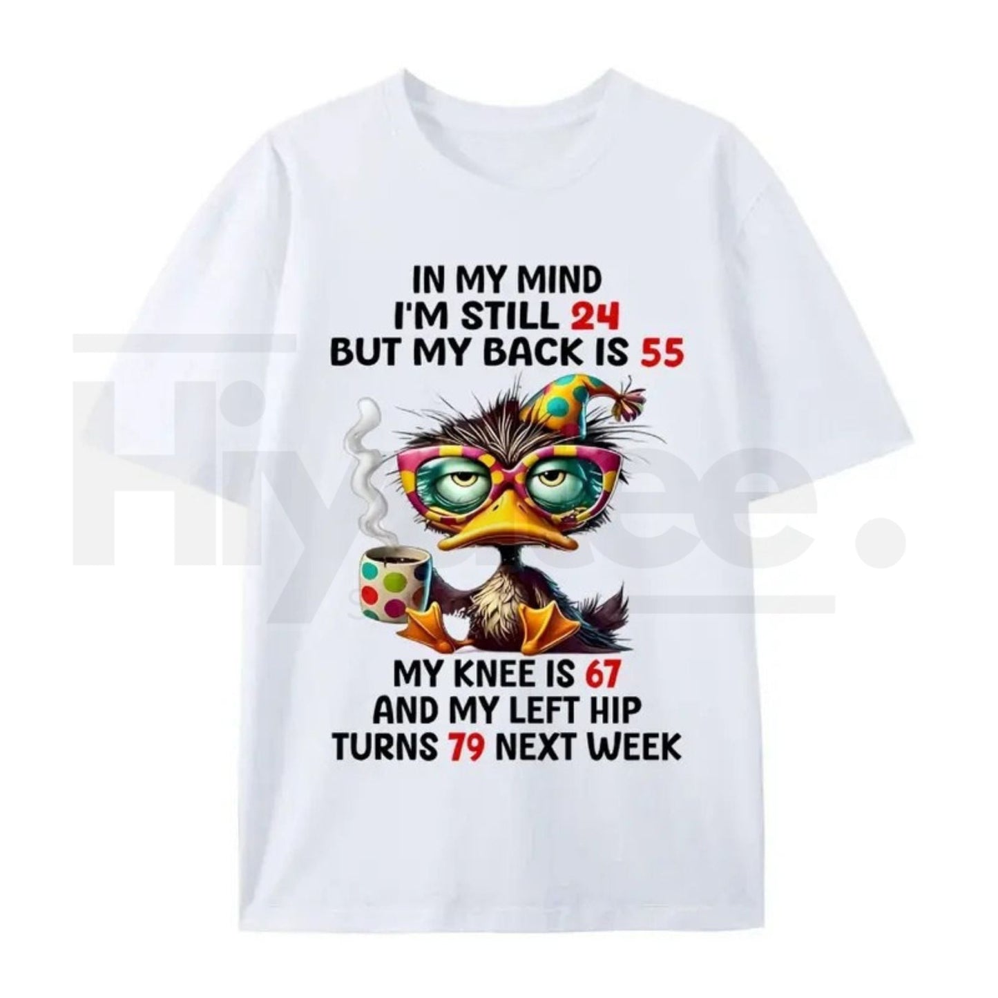 Funny Aging Humor Graphic Tee – “In My Mind I’m Still 24” Duck Back Pain Top