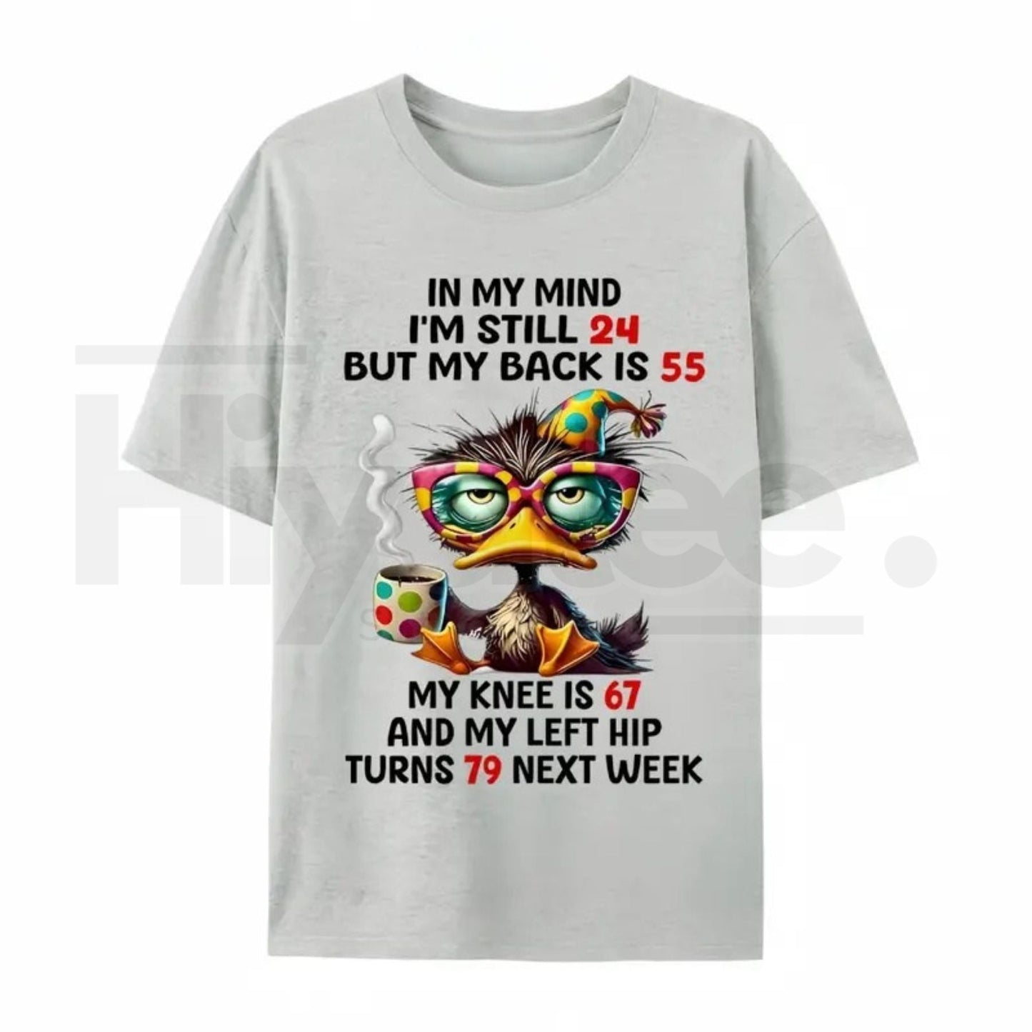 Funny Aging Humor Graphic Tee – “In My Mind I’m Still 24” Duck Back Pain Top